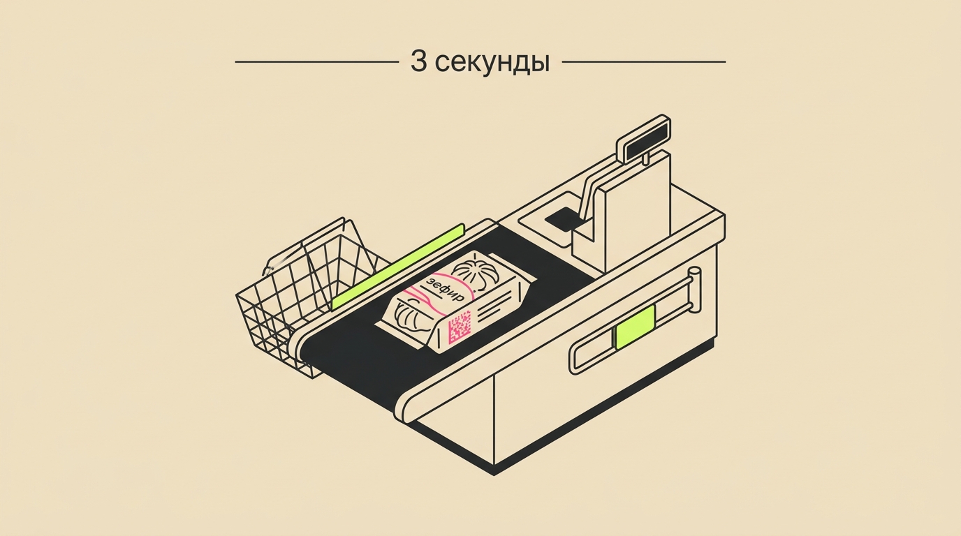 Касса с пачкой зефира на ленте, надпись «3 секунды»