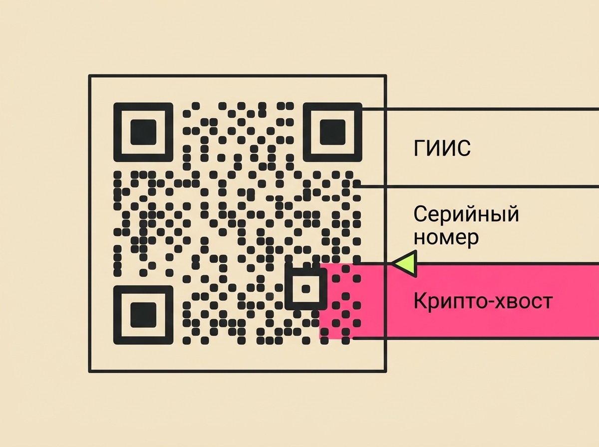 Крупный DataMatrix-код с расшифровкой на GTIN, серийник, криптохвост